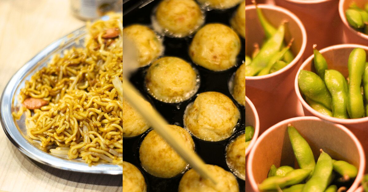 左から焼きそば、たこ焼き、枝豆