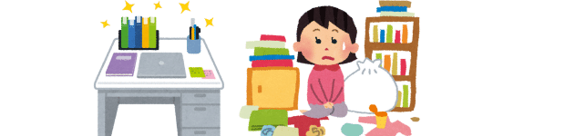 整理整頓されている机のイラストと大掃除する人のイラスト画像